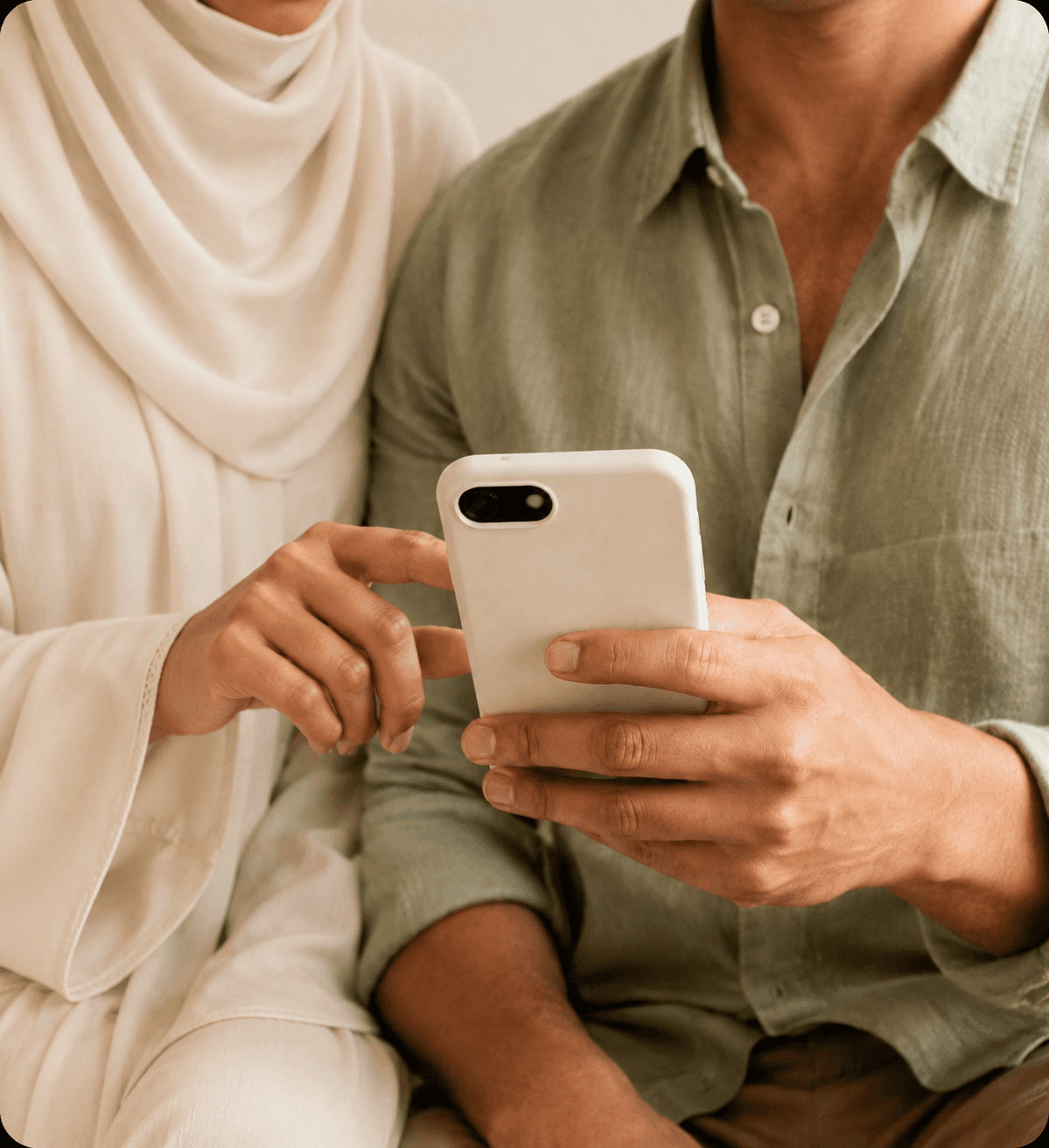 Pasangan Muslim melihat jemputan Cahaea bersama pada telefon